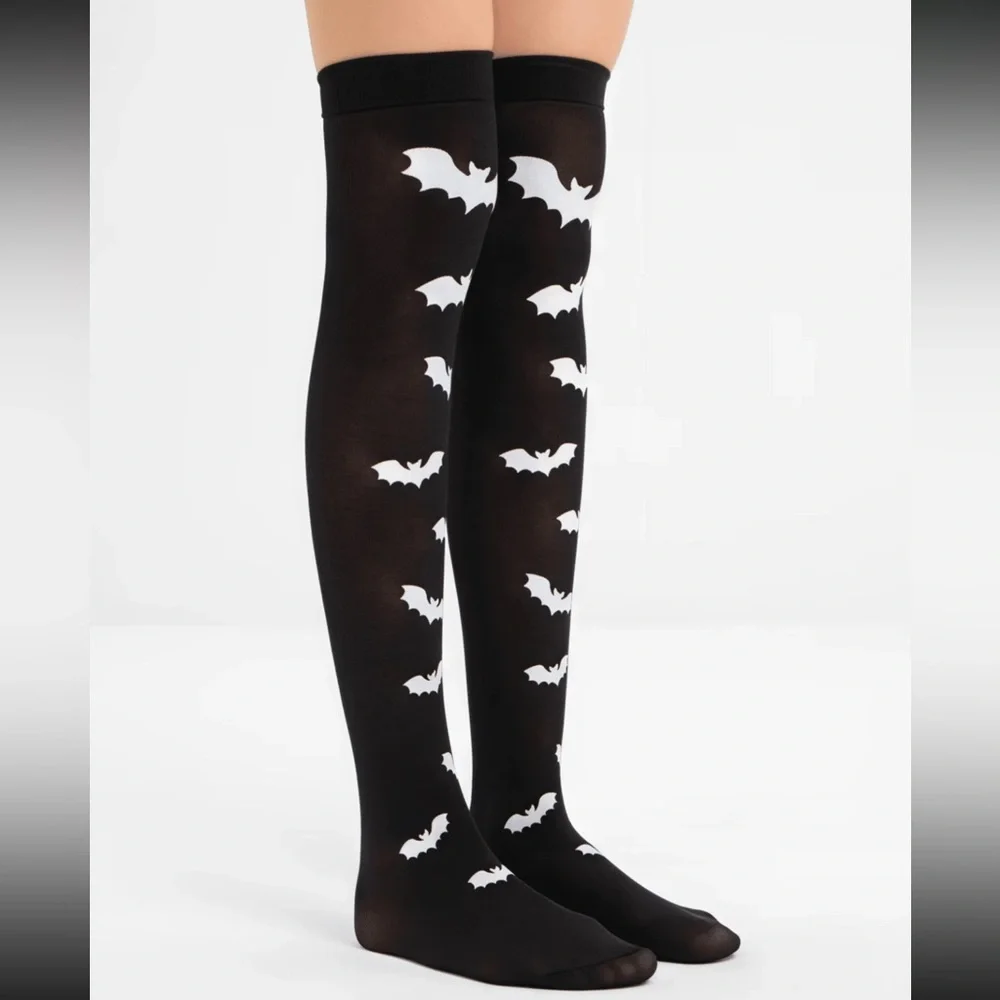 Black Thigh-High Socks with White Bat Design 🦇